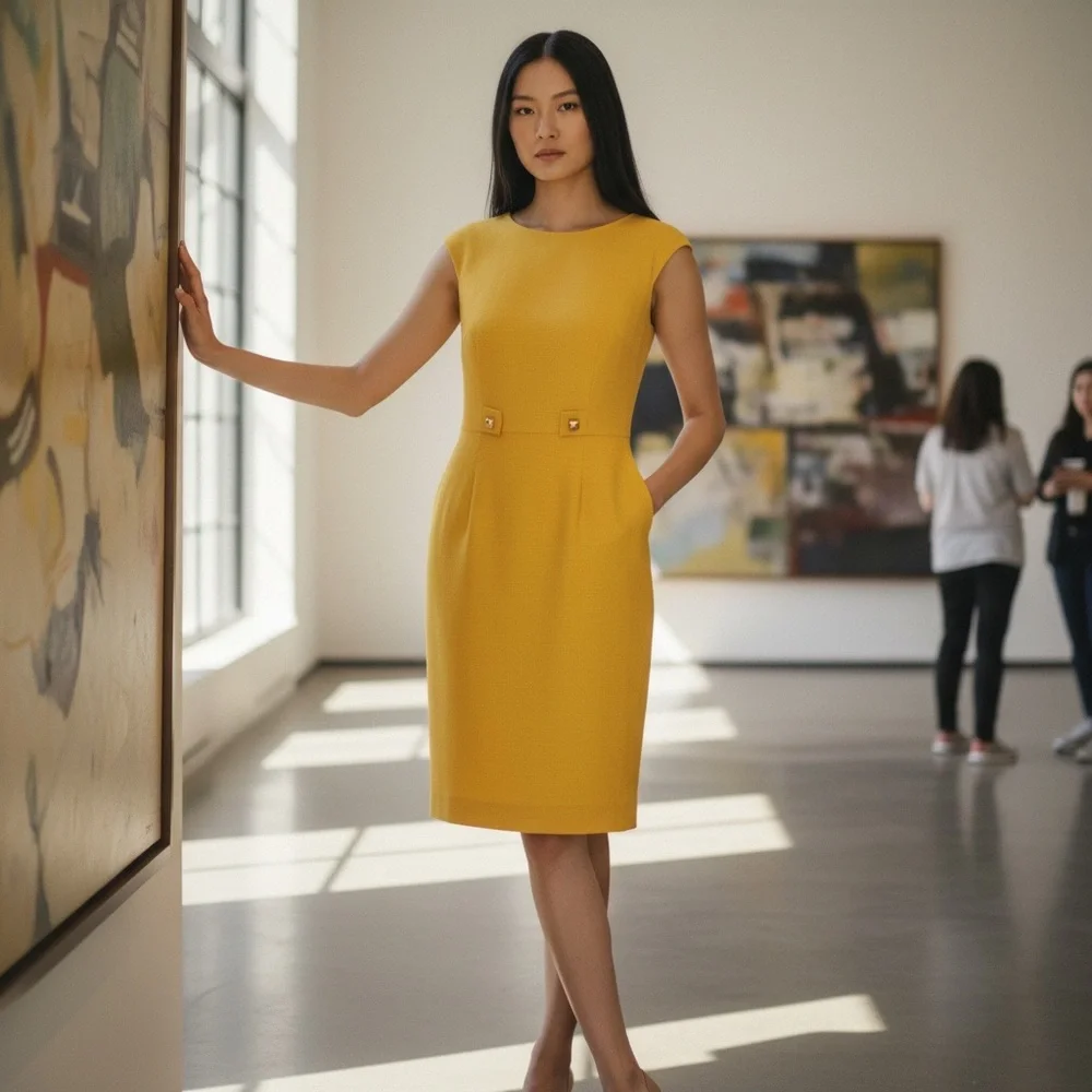 DAVID MEISTER YELLOW STRAIGHT SHEATH BUSINESS CAREER DRESS SZ 10 - Picture 8 of 8